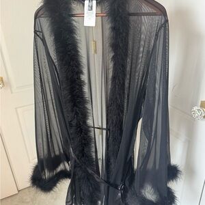 Torrid Curve Elegant Black Sheer Robe with Feather Trim